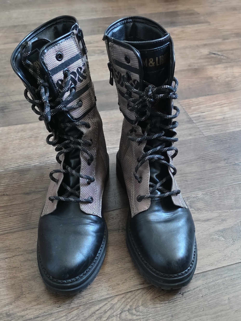 Sam & Libby Khaki-Black Lace-Up Combat Boots, Embroidered - Picture 2 of 12